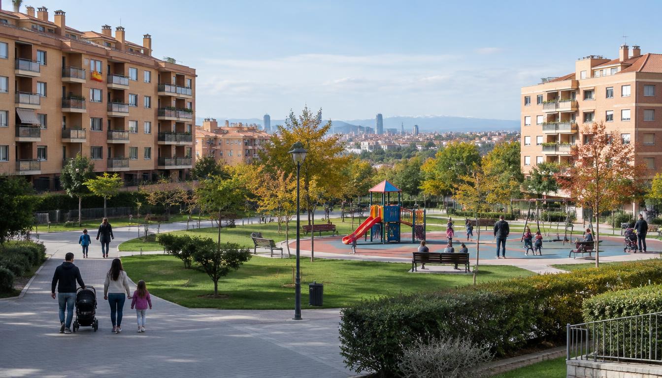 Imagen ilustrativa de un barrio residencial con parque en Fuenlabrada