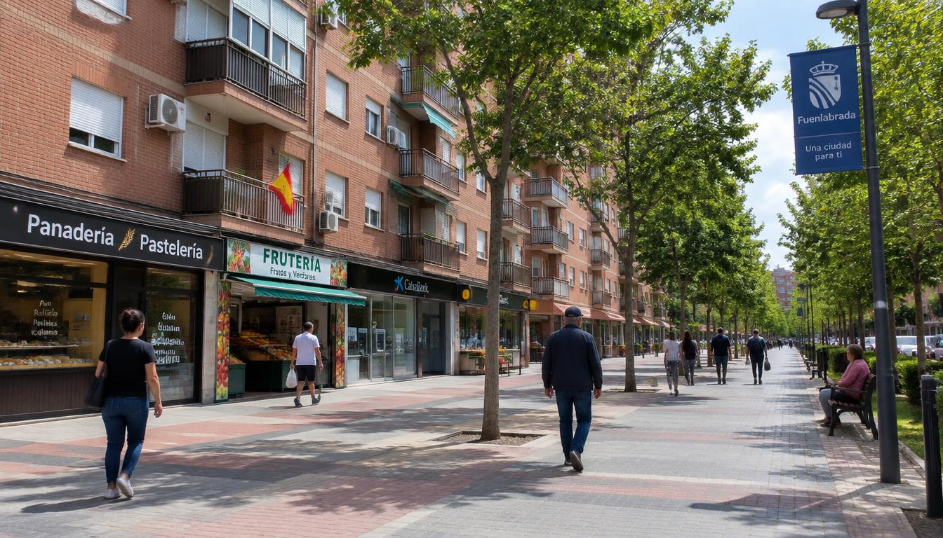 Imagen ilustrativa de un paseo residencial con comercios en Fuenlabrada; no es la fachada del número 14